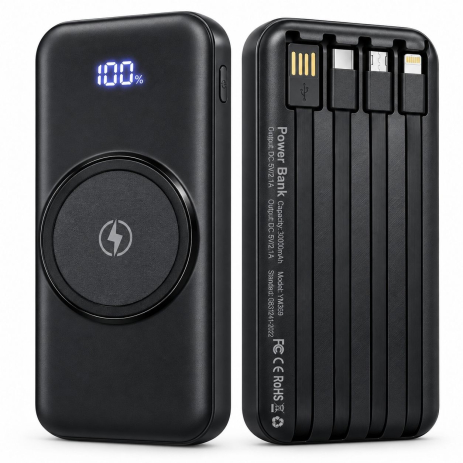 Павербанк YM369 30000 mAh с беспроводной зарядкой, 4 встроенными кабелями и цифровым дисплеем Black