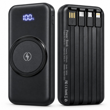 Павербанк YM369 30000 mAh с беспроводной зарядкой, 4 встроенными кабелями и цифровым дисплеем Black