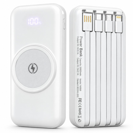 Павербанк YM369 30000 mAh с беспроводной зарядкой, 4 встроенными кабелями и цифровым дисплеем White