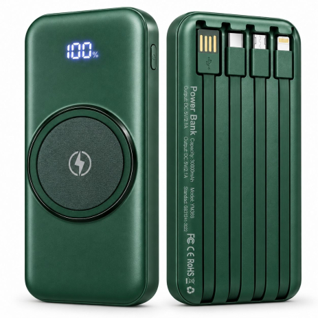 Павербанк YM369 30000 mAh з бездротовою зарядкою, 4 вбудованими кабелями та цифровим дисплеєм Green