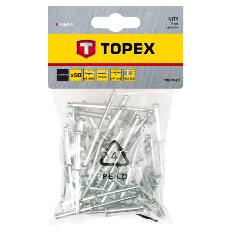 Заклепки алюминиевые 4 мм x 16 мм, 50 шт. Topex 43E404