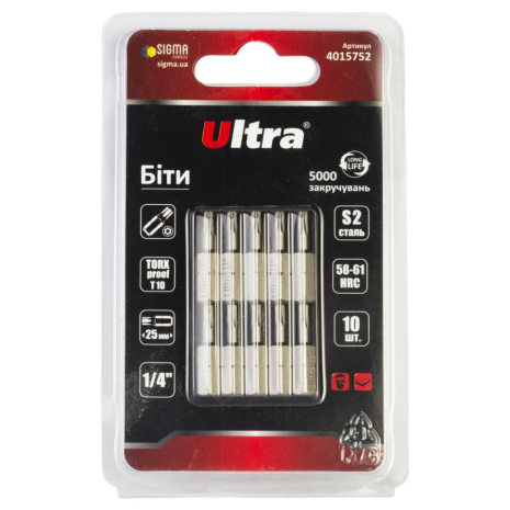 Біти TORX-proof 10×25мм ¼" 10шт S2 (блістер) ULTRA 4015752 Біти TORX-proof 10×25мм ¼" 10шт S2 (блістер) ULTRA 4015752