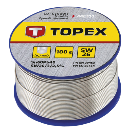 Оловянный припой 60% Sn, 100 г, SW 26, 0,7 мм Topex 44E512 Оловянный припой 60% Sn, 100 г, SW 26, 0,7 мм Topex 44E512