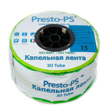 Крапельна стрічка емітерна 3D Tube крапельниці через 15 см витрата 2.7 л/год, довжина 1000 м Presto-PS 3D-15-1000 Крапельна стрічка емітерна 3D Tube крапельниці через 15 см витрата 2.7 л/год, довжина 1000 м Presto-PS 3D-15-1000