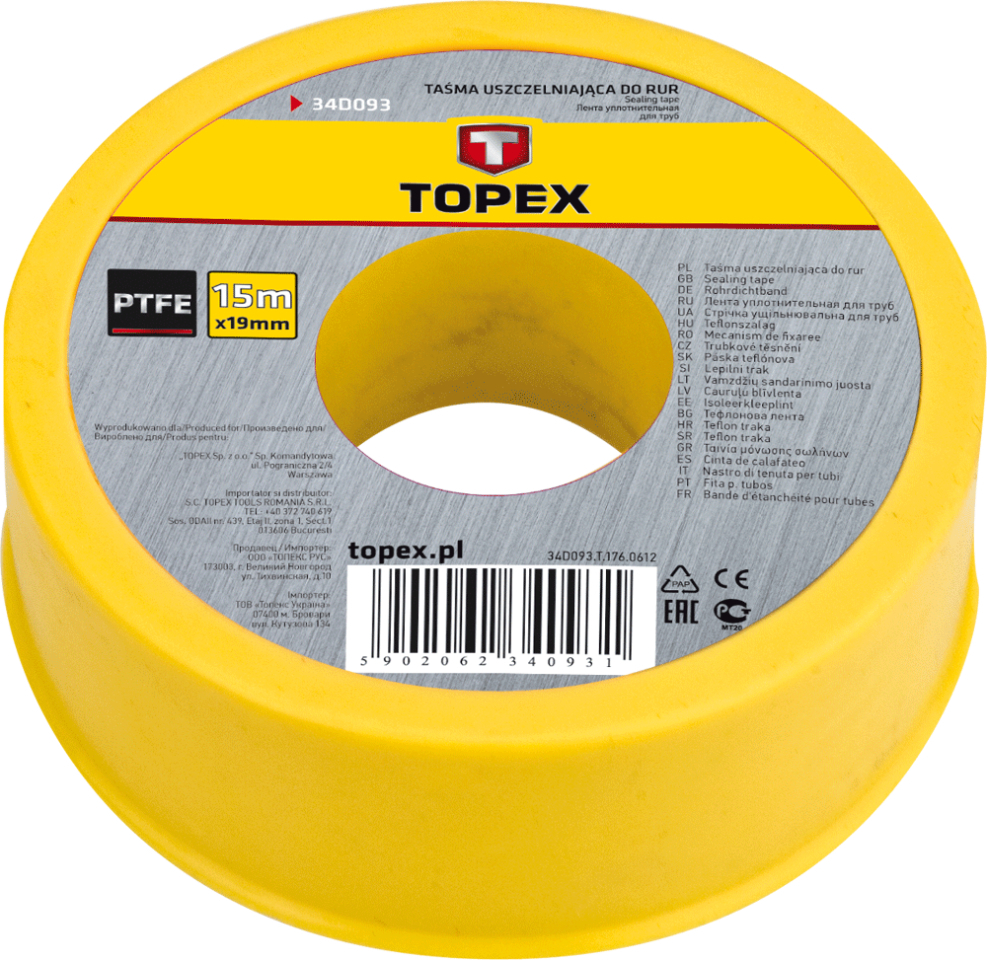 Лента уплотнительная для труб 15 м x 19 мм x 0.2 мм, PTFE Topex 34D093 Лента уплотнительная для труб 15 м x 19 мм x 0.2 мм, PTFE Topex 34D093