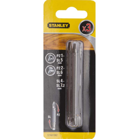 Біти у наборі двосторонні 3 од. (Pz 1-Sl 5, Pz 2-Sl 6, Sl 4-7.2, L-86мм) STANLEY STA61382 Біти у наборі двосторонні 3 од. (Pz 1-Sl 5, Pz 2-Sl 6, Sl 4-7.2, L-86мм) STANLEY STA61382