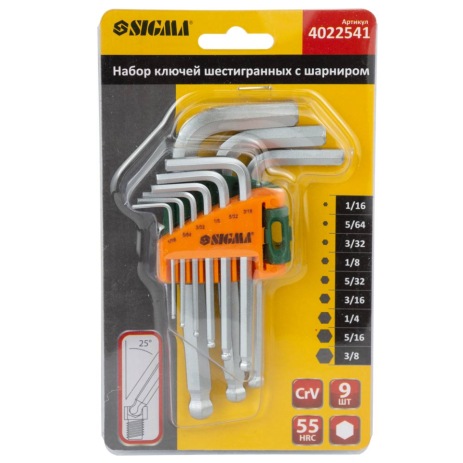 Ключи шестигранные 9шт 1/16-3/8" CrV (короткие) SIGMA 4022541 Ключи шестигранные 9шт 1/16-3/8" CrV (короткие) SIGMA 4022541