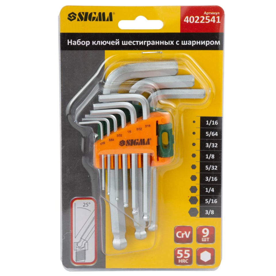 Ключі шестигранні 9шт 1/16-3/8" CrV (короткі) SIGMA 4022541 Ключі шестигранні 9шт 1/16-3/8" CrV (короткі) SIGMA 4022541