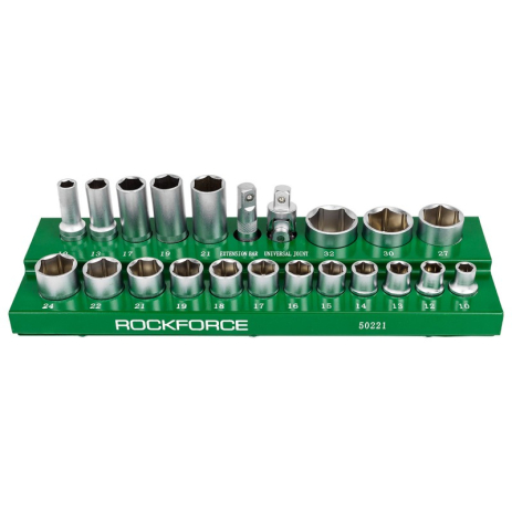 Набір шестигранних головок 1/2", 22 предмети ROCKFORCE RF-50221 Набір шестигранних головок 1/2", 22 предмети ROCKFORCE RF-50221