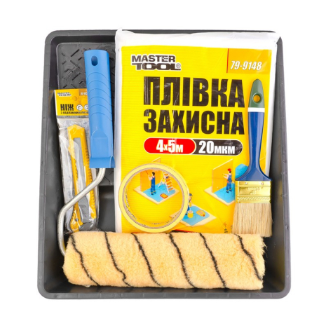 Набір малярський №5 валик з ручкою/пензель/ніж/плівка/стрічка малярська/ванна MASTERTOOL 92-8105 Набір малярський №5 валик з ручкою/пензель/ніж/плівка/стрічка малярська/ванна MASTERTOOL 92-8105