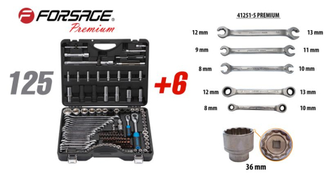 Набір інструментів 125+6 предметів 1/4" 1/2" (6-гран.) (4-36мм, 36-12гр.) + (ключі тріскачкові: 8х10, 12х13мм; ключі різьблені: 8х10, 9х11, 12х13мм) FORSAGE F