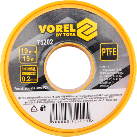 Стрічка ПТФЕ 15 м х 19 мм х 0,2 мм Vorel 75202 Стрічка ПТФЕ 15 м х 19 мм х 0,2 мм Vorel 75202