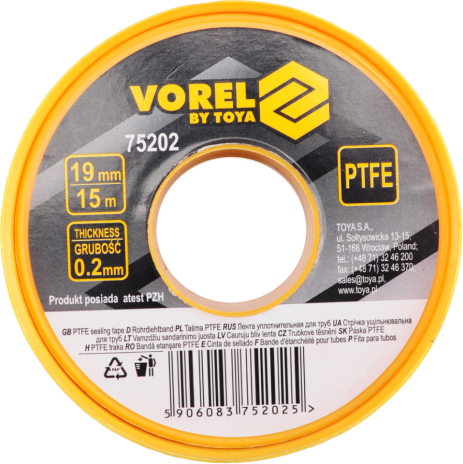 Стрічка ПТФЕ 15 м х 19 мм х 0,2 мм Vorel 75202 Стрічка ПТФЕ 15 м х 19 мм х 0,2 мм Vorel 75202