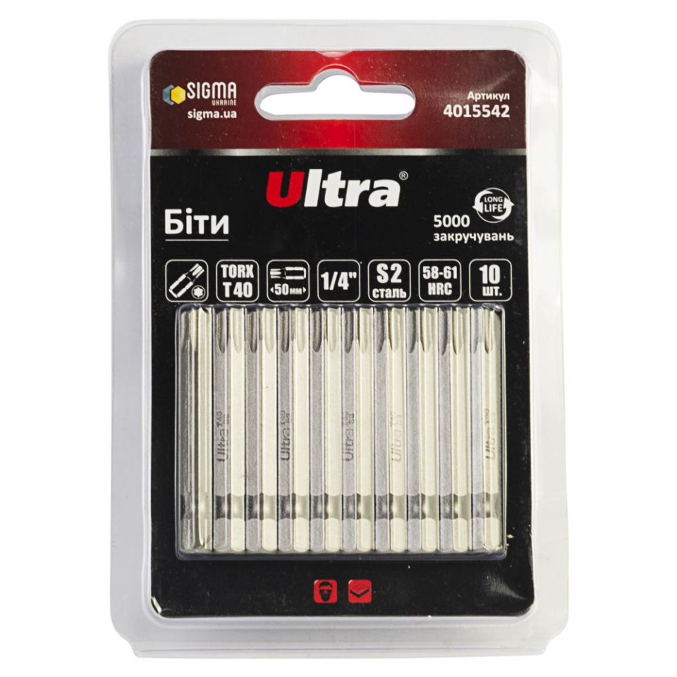 Біти TORX 40×50мм ¼" 10шт S2 (блістер) ULTRA 4015542 Біти TORX 40×50мм ¼" 10шт S2 (блістер) ULTRA 4015542