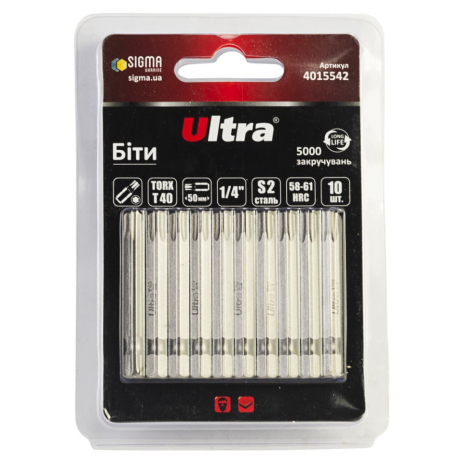 Биты TORX 40×50мм ¼" 10шт S2 (блистер) ULTRA 4015542 Биты TORX 40×50мм ¼" 10шт S2 (блистер) ULTRA 4015542