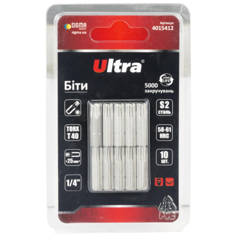 Біти TORX 40×25мм ¼" 10шт S2 (блістер) ULTRA 4015412 Біти TORX 40×25мм ¼" 10шт S2 (блістер) ULTRA 4015412