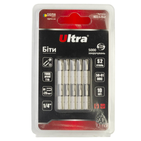Биты TORX-proof 15×25мм ¼" 10шт S2 (блистер) ULTRA 4015762 Биты TORX-proof 15×25мм ¼" 10шт S2 (блистер) ULTRA 4015762