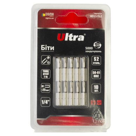 Биты TORX-proof 15×25мм ¼" 10шт S2 (блистер) ULTRA 4015762 Биты TORX-proof 15×25мм ¼" 10шт S2 (блистер) ULTRA 4015762