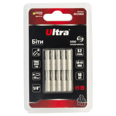 Біти TORX-proof 30×25мм ¼" 10шт S2 (блістер) ULTRA 4015802 Біти TORX-proof 30×25мм ¼" 10шт S2 (блістер) ULTRA 4015802