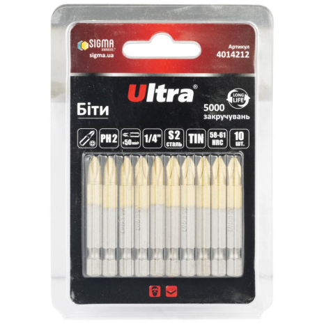 Біти PH2×50мм ¼" 10шт S2 TIN (блістер) ULTRA 4014212 Біти PH2×50мм ¼" 10шт S2 TIN (блістер) ULTRA 4014212