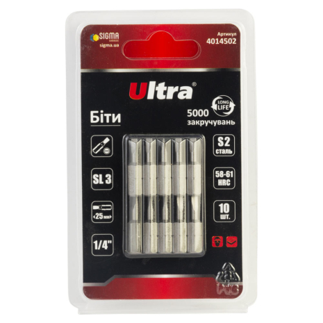 Біти SL3×25мм ¼" 10шт S2 (блістер) ULTRA 4014502 Біти SL3×25мм ¼" 10шт S2 (блістер) ULTRA 4014502
