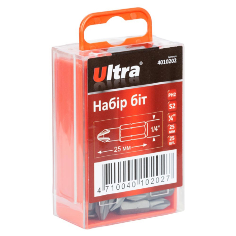 Набір біт PН2×25мм 1/4" 25шт S2 (пласт кейс) ULTRA 4010202 Набір біт PН2×25мм 1/4" 25шт S2 (пласт кейс) ULTRA 4010202