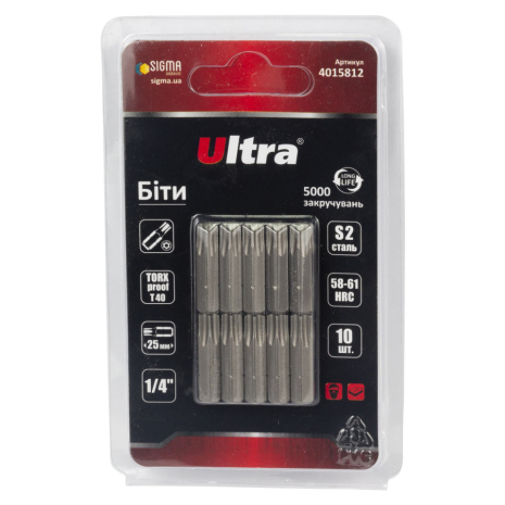 Биты TORX-proof 40×25мм ¼" 10шт S2 (блистер) ULTRA 4015812 Биты TORX-proof 40×25мм ¼" 10шт S2 (блистер) ULTRA 4015812