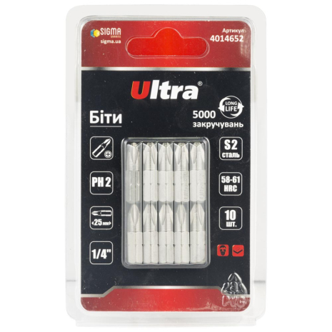 Біти PH2×25мм ¼" 10шт S2 (блістер) ULTRA 4014652 Біти PH2×25мм ¼" 10шт S2 (блістер) ULTRA 4014652