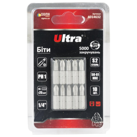 Біти PH1×25мм ¼" 10шт S2 (блістер) ULTRA 4014632 Біти PH1×25мм ¼" 10шт S2 (блістер) ULTRA 4014632