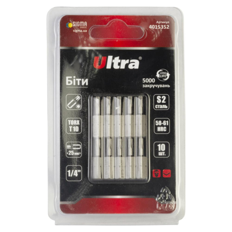 Биты TORX 10×25мм ¼" 10шт S2 (блистер) ULTRA 4015352 Биты TORX 10×25мм ¼" 10шт S2 (блистер) ULTRA 4015352
