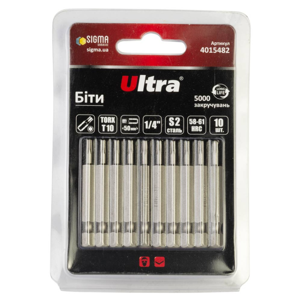 Биты TORX 10×50мм ¼" 10шт S2 (блистер) ULTRA 4015482 Биты TORX 10×50мм ¼" 10шт S2 (блистер) ULTRA 4015482