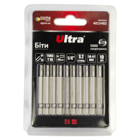 Біти TORX 10×50мм ¼" 10шт S2 (блістер) ULTRA 4015482 Біти TORX 10×50мм ¼" 10шт S2 (блістер) ULTRA 4015482
