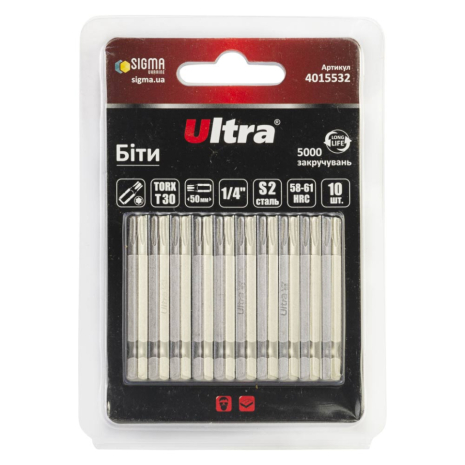 Биты TORX 30×50мм ¼" 10шт S2 (блистер) ULTRA 4015532 Биты TORX 30×50мм ¼" 10шт S2 (блистер) ULTRA 4015532