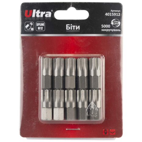 Біти Spline M12×30мм 10мм 10шт S2 (блістер) ULTRA 4015912 Біти Spline M12×30мм 10мм 10шт S2 (блістер) ULTRA 4015912