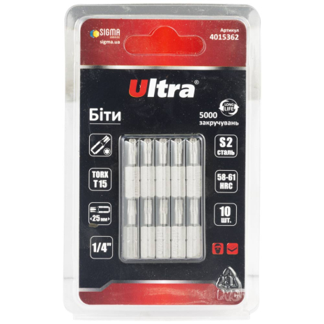 Біти TORX 15×25мм ¼" 10шт S2 (блістер) ULTRA 4015362 Біти TORX 15×25мм ¼" 10шт S2 (блістер) ULTRA 4015362