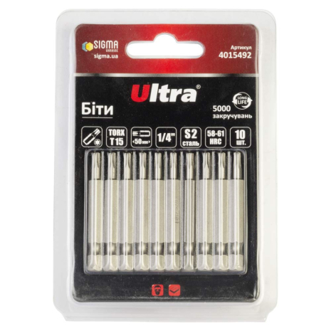 Біти TORX 15×50мм ¼" 10шт S2 (блістер) ULTRA 4015492 Біти TORX 15×50мм ¼" 10шт S2 (блістер) ULTRA 4015492
