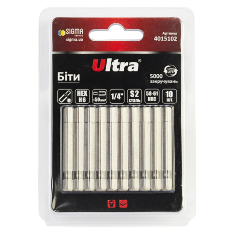 Біти HEX 6×50мм ¼" 10шт S2 (блістер) ULTRA 4015102 Біти HEX 6×50мм ¼" 10шт S2 (блістер) ULTRA 4015102