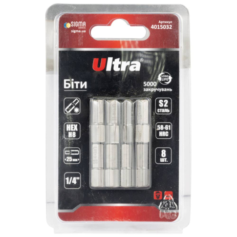 Біти HEX 8×25мм ¼" 8шт S2 (блістер) ULTRA 4015032 Біти HEX 8×25мм ¼" 8шт S2 (блістер) ULTRA 4015032