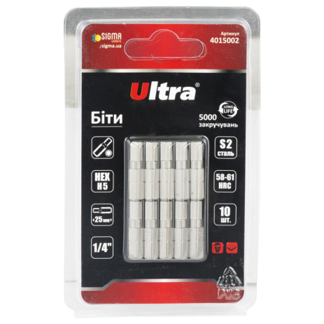 Біти HEX 5×25мм ¼" 10шт S2 (блістер) ULTRA 4015002 Біти HEX 5×25мм ¼" 10шт S2 (блістер) ULTRA 4015002