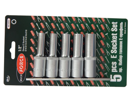 Головки глибокі Е-профіль, набір 5 предметів, 1/2" (Е10, E12, E14, E16, E18) на планці ROCKFORCE RF-4054 Головки глибокі Е-профіль, набір 5 предметів, 1/2" (Е10, E12, E14, E16, E18) на планці ROCKFORCE RF-4054