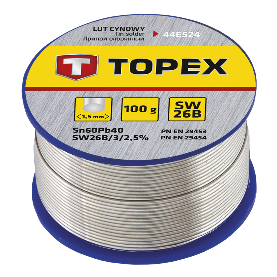 Оловянный припой 60% Sn, 100 г, SW 26B, 1,5 мм Topex 44E524 Оловянный припой 60% Sn, 100 г, SW 26B, 1,5 мм Topex 44E524