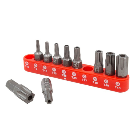 Набір біт TORX з отвором 10 предметів 1/4" (TН 7,8,9,10,15,20,25,27,30,40-25мм),в блістері ROCKFORCE FORSAGE RF-21022T