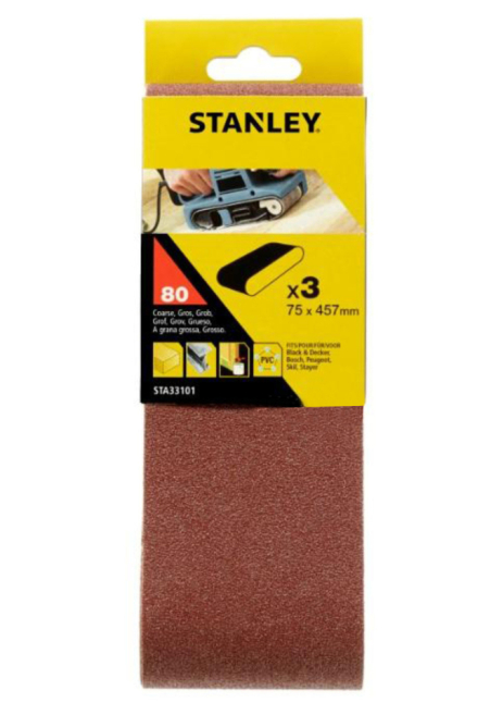 Стрічка шліфувальна, 75 мм x 457 мм, 80 гр/мм - 3 шт. Stanley STA33101-XJ Стрічка шліфувальна, 75 мм x 457 мм, 80 гр/мм - 3 шт. Stanley STA33101-XJ