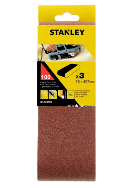 Стрічка шліфувальна, 75 мм x 457 мм, 100 гр/мм - 3 шт. Stanley STA33106-XJ Стрічка шліфувальна, 75 мм x 457 мм, 100 гр/мм - 3 шт. Stanley STA33106-XJ