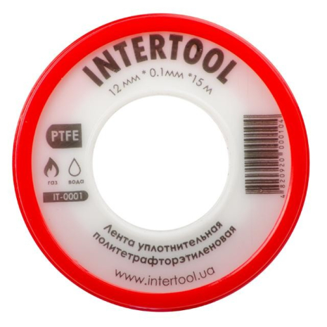 Стрічка тефлонова, фум (политетрафторетиленова), 15 м, 12×0,1 мм, 0,2 г/см³ INTERTOOL IT-0001 Стрічка тефлонова, фум (политетрафторетиленова), 15 м, 12×0,1 мм, 0,2 г/см³ INTERTOOL IT-0001
