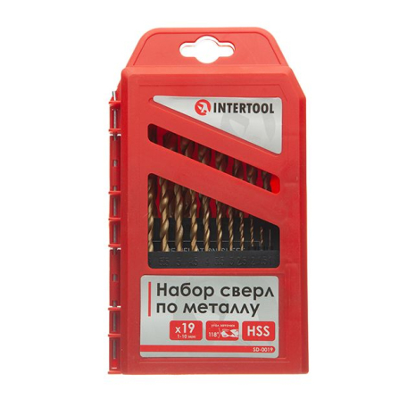 Набір свердел по металу DIN338 HSS, 19 шт. (1,0-10,0 мм), покриття Ti INTERTOOL SD-0019