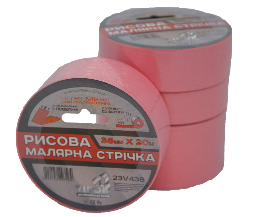 Малярна стрічка рисова 38 мм х 20 м, рожева VIROK 23V438 Малярна стрічка рисова 38 мм х 20 м, рожева VIROK 23V438