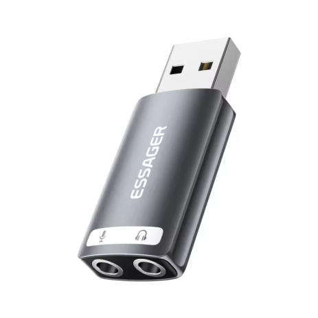 Внешняя звуковая карта Essager 1*USB(M) - 2*Jack(F) 3.5мм (микрофон/наушники), Grey
