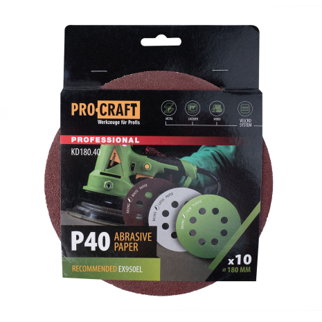 Круг шлифовальный самозацепной Procraft KD180.40 UNIVERSAL (набор 10 шт.) 8 отв.