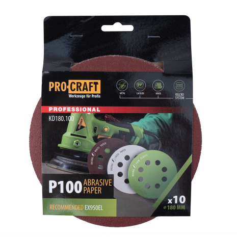 Круг шлифовальный самозацепной Procraft KD180.100 UNIVERSAL (набор 10 шт.) 8 отв.